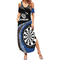Personalised New Zealand Darts Family Matching Summer Maxi Dress and Hawaiian Shirt Koru Tribal Tattoo and Silver Fern Maori Pattern Blue Color LT03 Mom's Dress Blue - Polynesian Pride