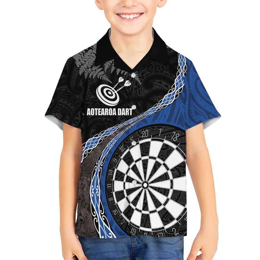 Personalised New Zealand Darts Family Matching Summer Maxi Dress and Hawaiian Shirt Koru Tribal Tattoo and Silver Fern Maori Pattern Blue Color LT03 Son's Shirt Blue - Polynesian Pride
