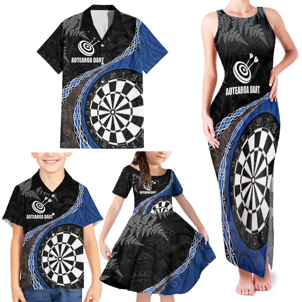 Personalised New Zealand Darts Family Matching Tank Maxi Dress and Hawaiian Shirt Koru Tribal Tattoo and Silver Fern Maori Pattern Blue Color LT03 - Polynesian Pride