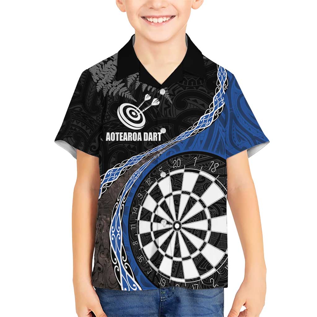 Personalised New Zealand Darts Kid Hawaiian Shirt Koru Tribal Tattoo and Silver Fern Maori Pattern Blue Color LT03 Kid Blue - Polynesian Pride