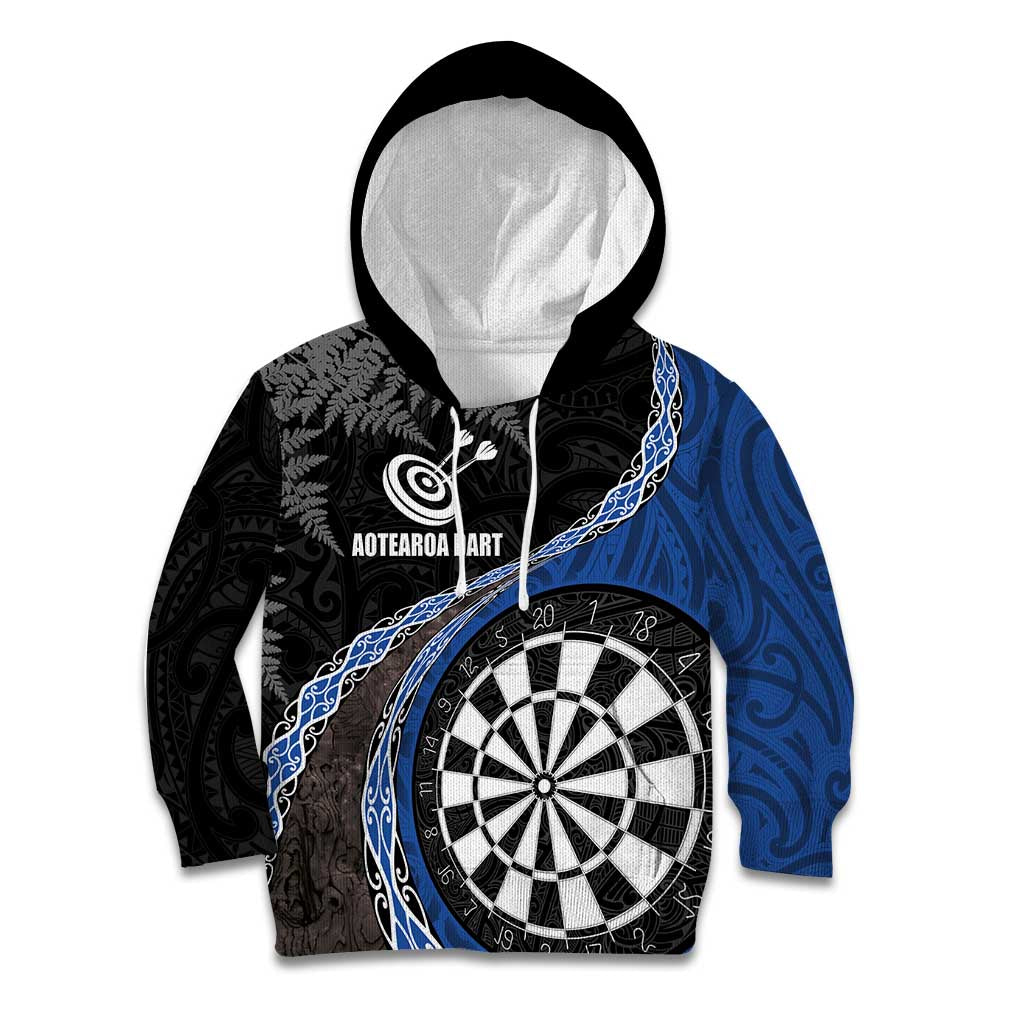 Personalised New Zealand Darts Kid Hoodie Koru Tribal Tattoo and Silver Fern Maori Pattern Blue Color LT03 Hoodie Blue - Polynesian Pride