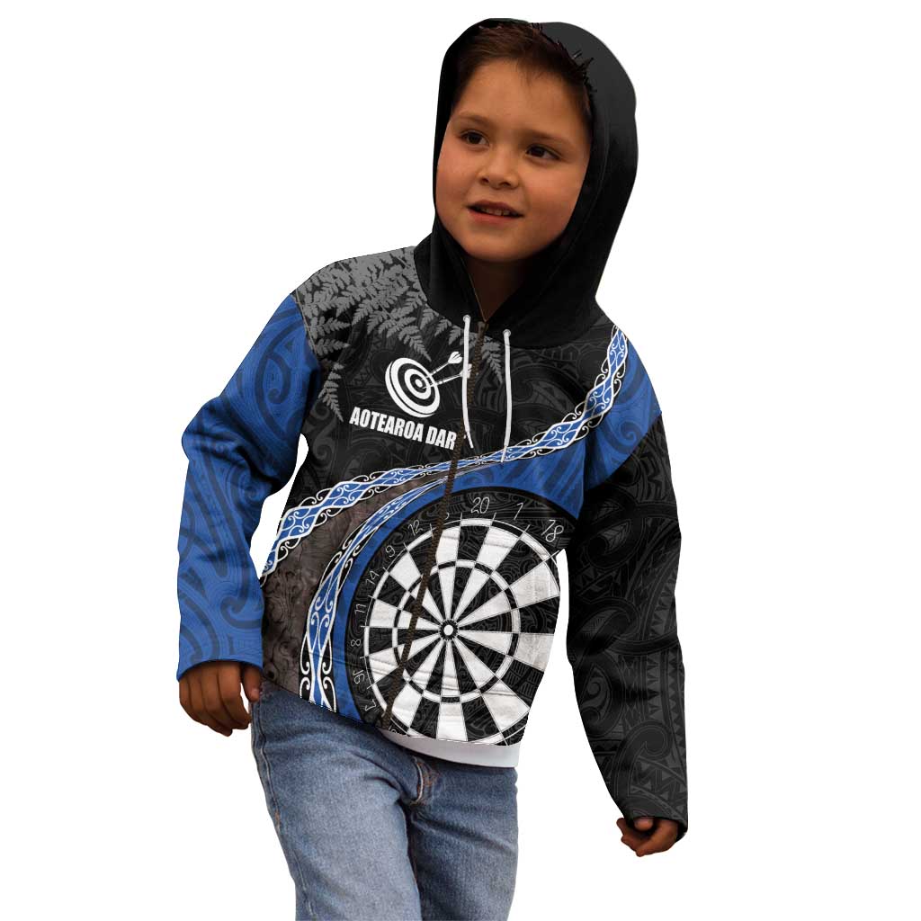 Personalised New Zealand Darts Kid Hoodie Koru Tribal Tattoo and Silver Fern Maori Pattern Blue Color LT03 - Polynesian Pride