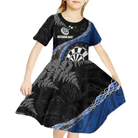 Personalised New Zealand Darts Kid Short Sleeve Dress Koru Tribal Tattoo and Silver Fern Maori Pattern Blue Color LT03 - Polynesian Pride