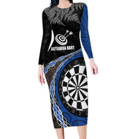 Personalised New Zealand Darts Long Sleeve Bodycon Dress Koru Tribal Tattoo and Silver Fern Maori Pattern Blue Color LT03 Long Dress Blue - Polynesian Pride