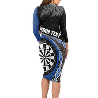Personalised New Zealand Darts Long Sleeve Bodycon Dress Koru Tribal Tattoo and Silver Fern Maori Pattern Blue Color LT03 - Polynesian Pride