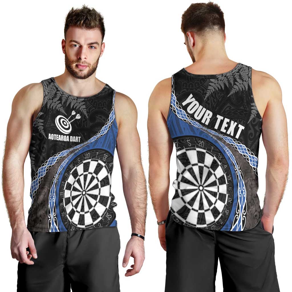 Personalised New Zealand Darts Men Tank Top Koru Tribal Tattoo and Silver Fern Maori Pattern Blue Color