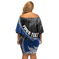 Personalised New Zealand Darts Off Shoulder Short Dress Koru Tribal Tattoo and Silver Fern Maori Pattern Blue Color LT03 - Polynesian Pride
