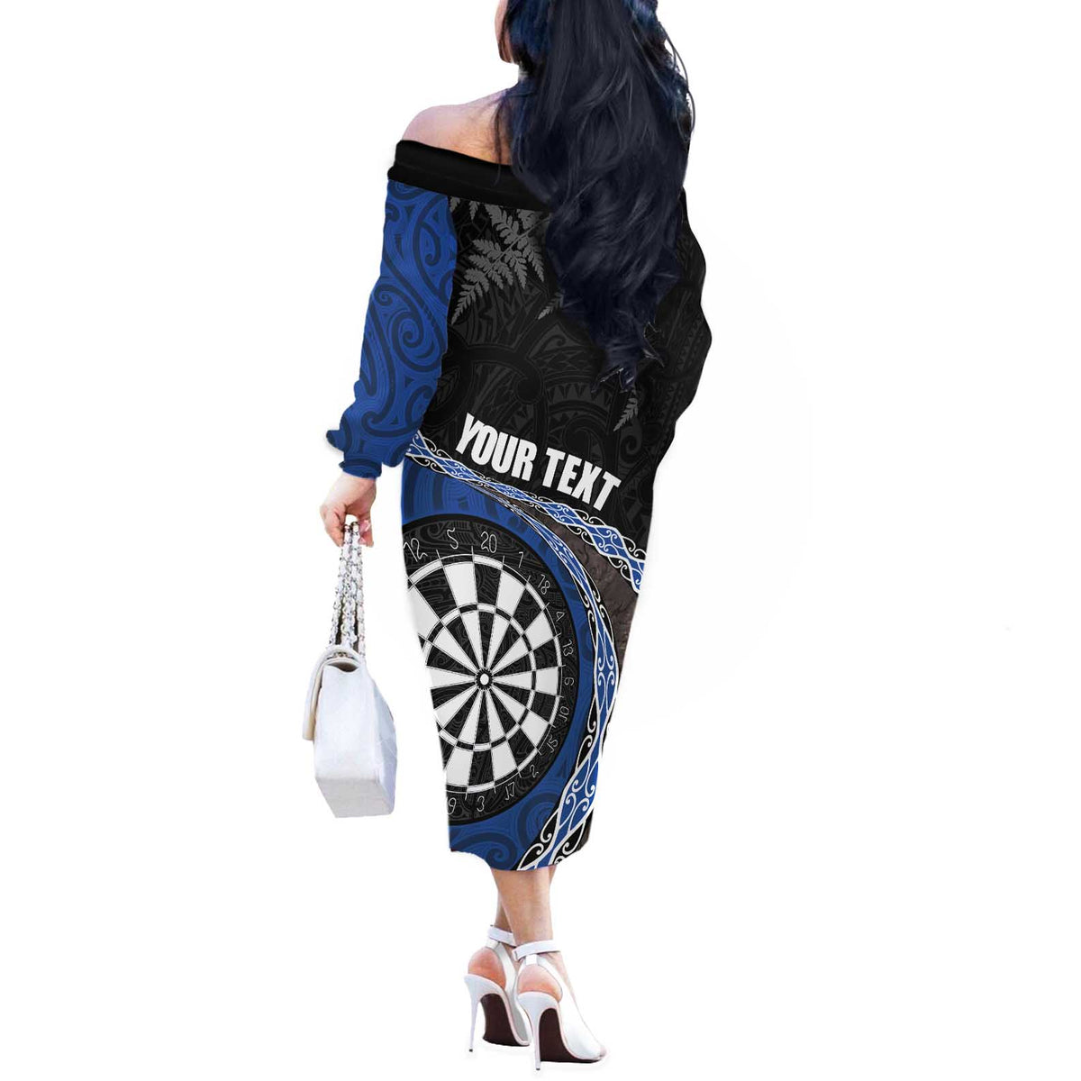 Personalised New Zealand Darts Off The Shoulder Long Sleeve Dress Koru Tribal Tattoo and Silver Fern Maori Pattern Blue Color LT03 - Polynesian Pride