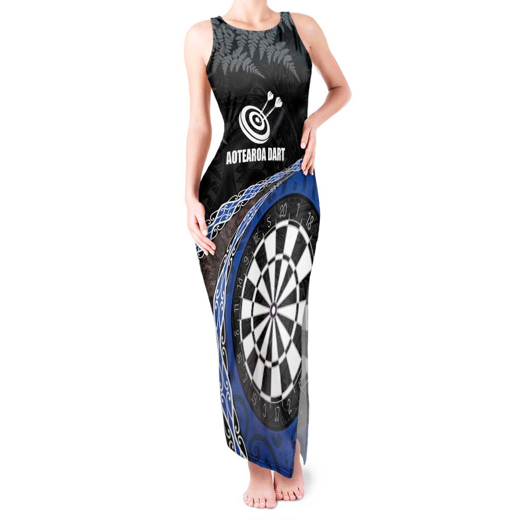 Personalised New Zealand Darts Tank Maxi Dress Koru Tribal Tattoo and Silver Fern Maori Pattern Blue Color LT03 Women Blue - Polynesian Pride