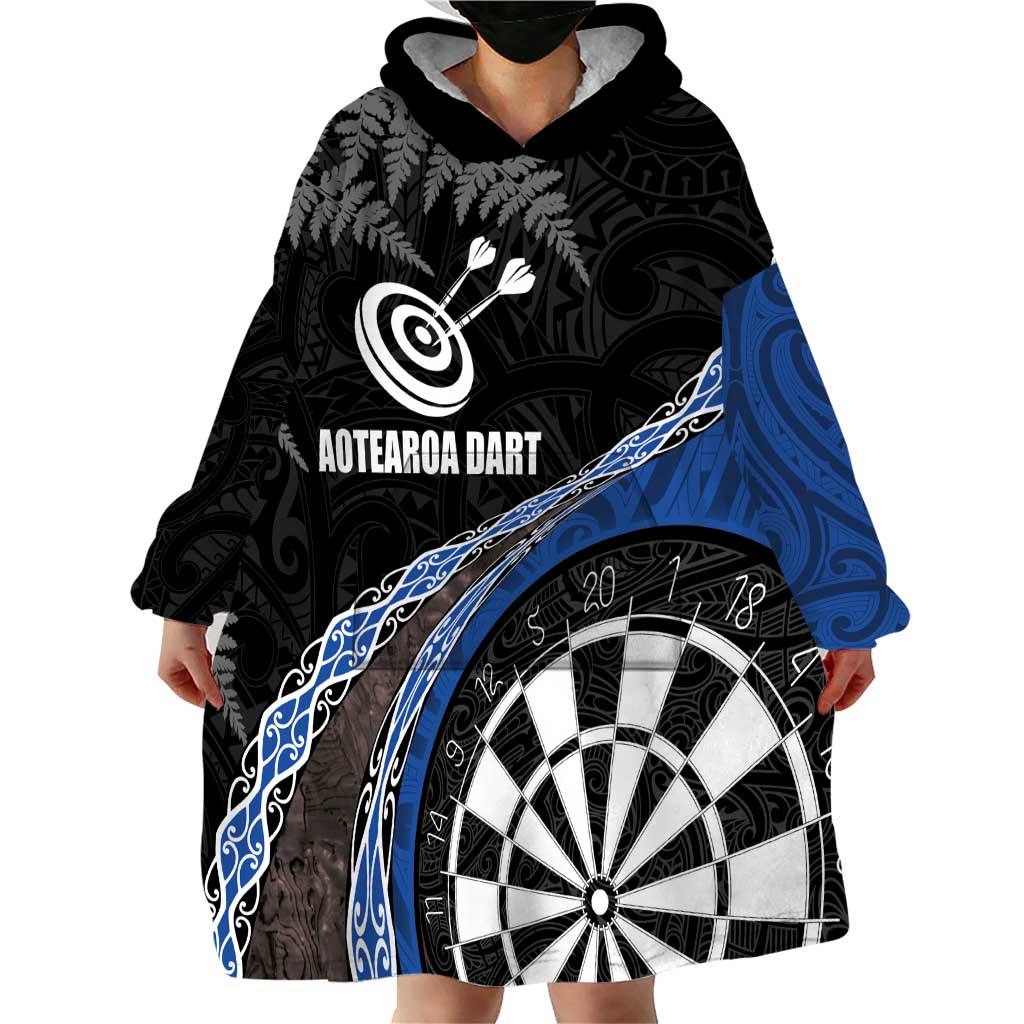 Personalised New Zealand Darts Wearable Blanket Hoodie Koru Tribal Tattoo and Silver Fern Maori Pattern Blue Color LT03 - Polynesian Pride