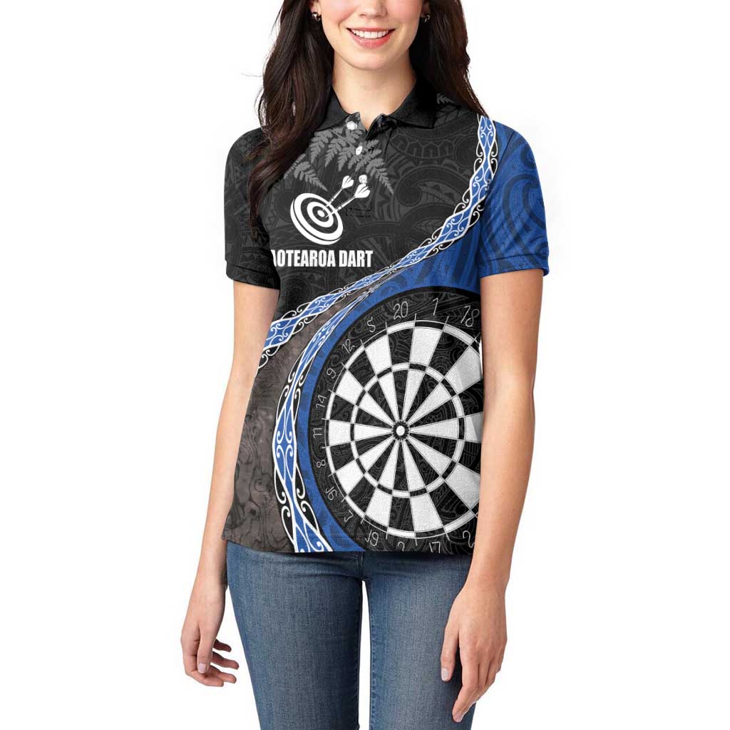Personalised New Zealand Darts Women Polo Shirt Koru Tribal Tattoo and Silver Fern Maori Pattern Blue Color