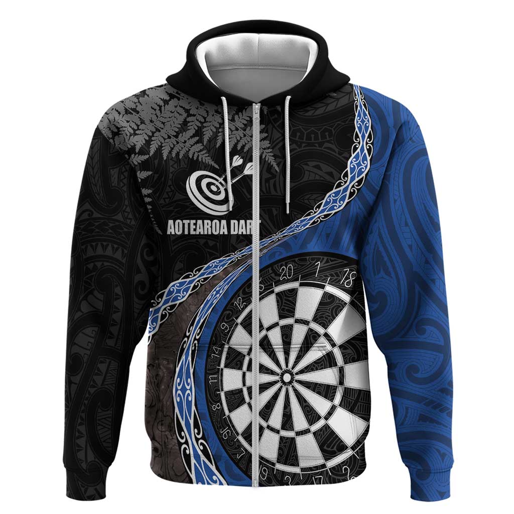 Personalised New Zealand Darts Zip Hoodie Koru Tribal Tattoo and Silver Fern Maori Pattern Blue Color LT03 Zip Hoodie Blue - Polynesian Pride