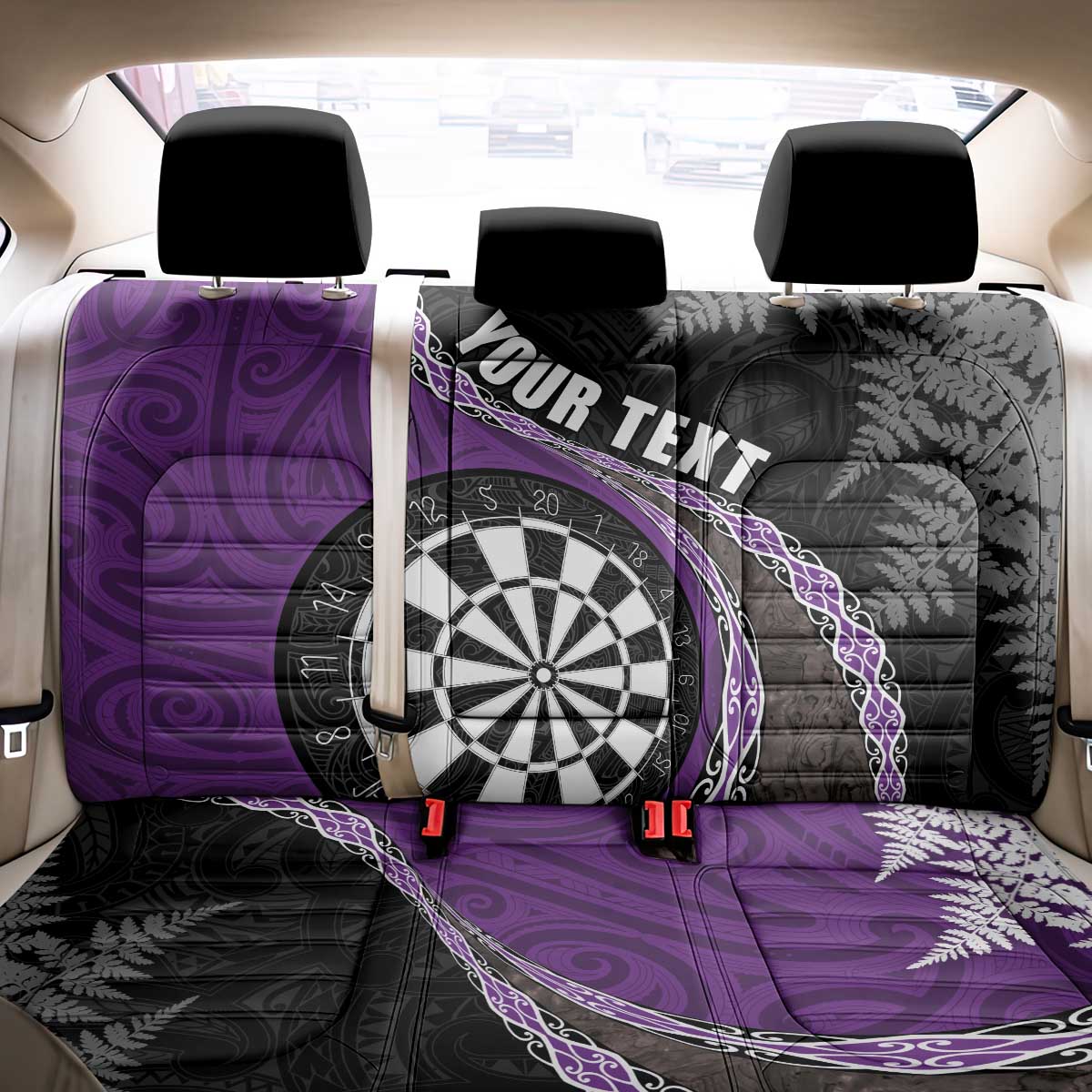Personalised New Zealand Darts Back Car Seat Cover Koru Tribal Tattoo and Silver Fern Maori Pattern Purple Color LT03 - Polynesian Pride