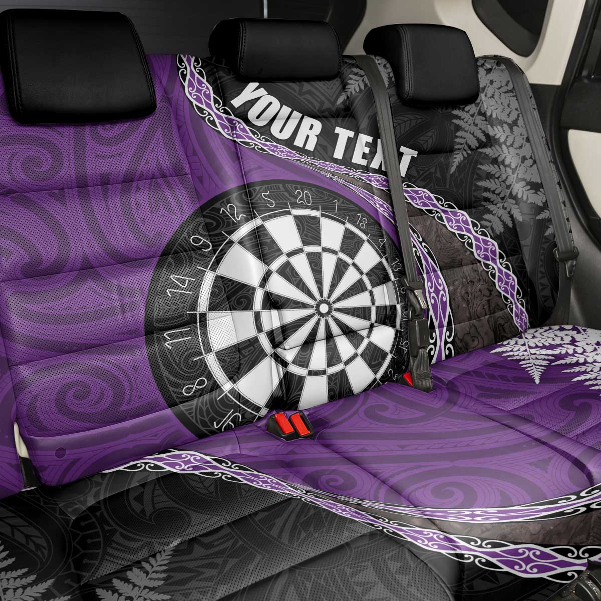 Personalised New Zealand Darts Back Car Seat Cover Koru Tribal Tattoo and Silver Fern Maori Pattern Purple Color LT03 - Polynesian Pride