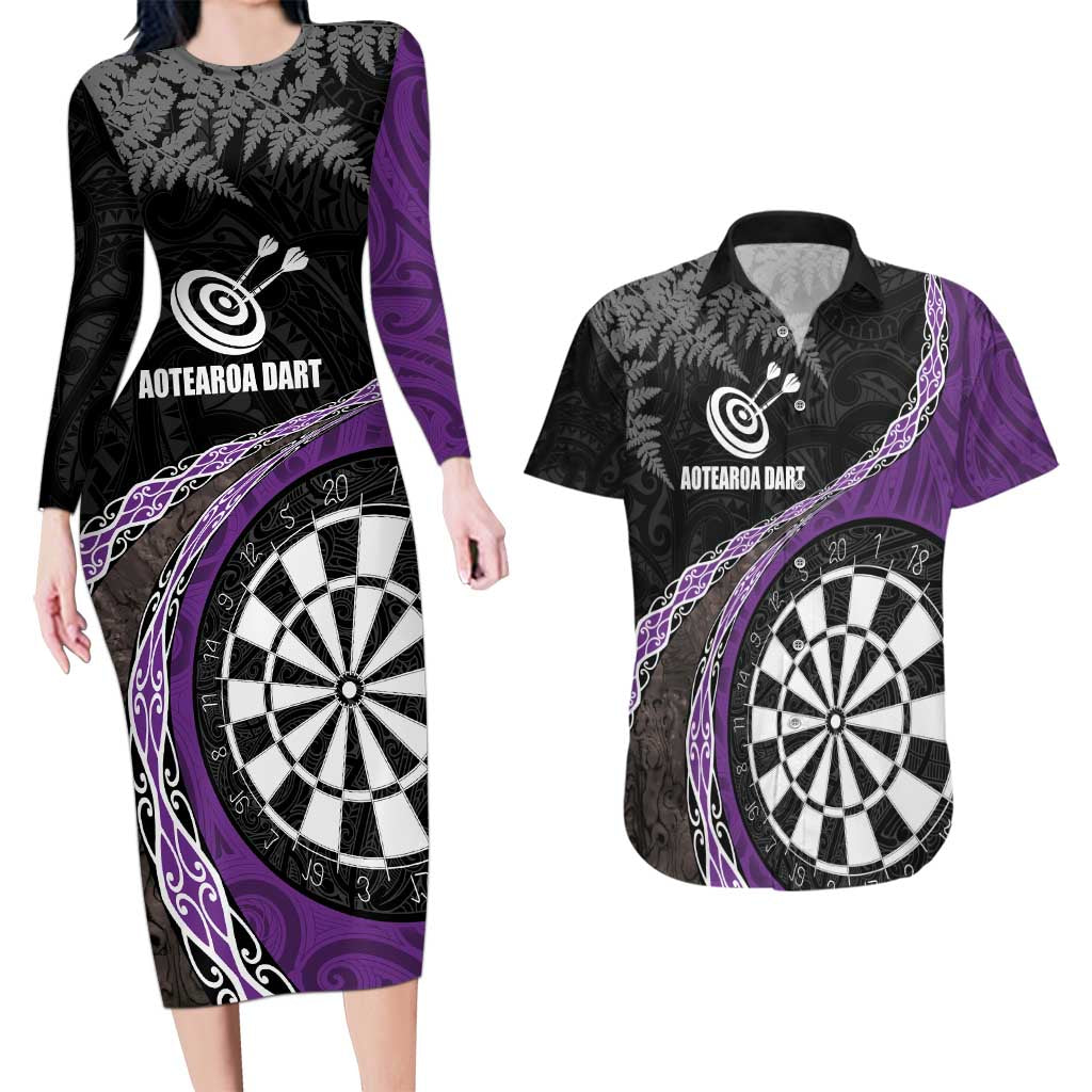 Personalised New Zealand Darts Couples Matching Long Sleeve Bodycon Dress and Hawaiian Shirt Koru Tribal Tattoo and Silver Fern Maori Pattern Purple Color LT03 Purple - Polynesian Pride