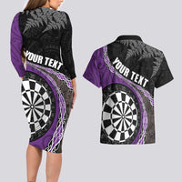 Personalised New Zealand Darts Couples Matching Long Sleeve Bodycon Dress and Hawaiian Shirt Koru Tribal Tattoo and Silver Fern Maori Pattern Purple Color LT03 - Polynesian Pride