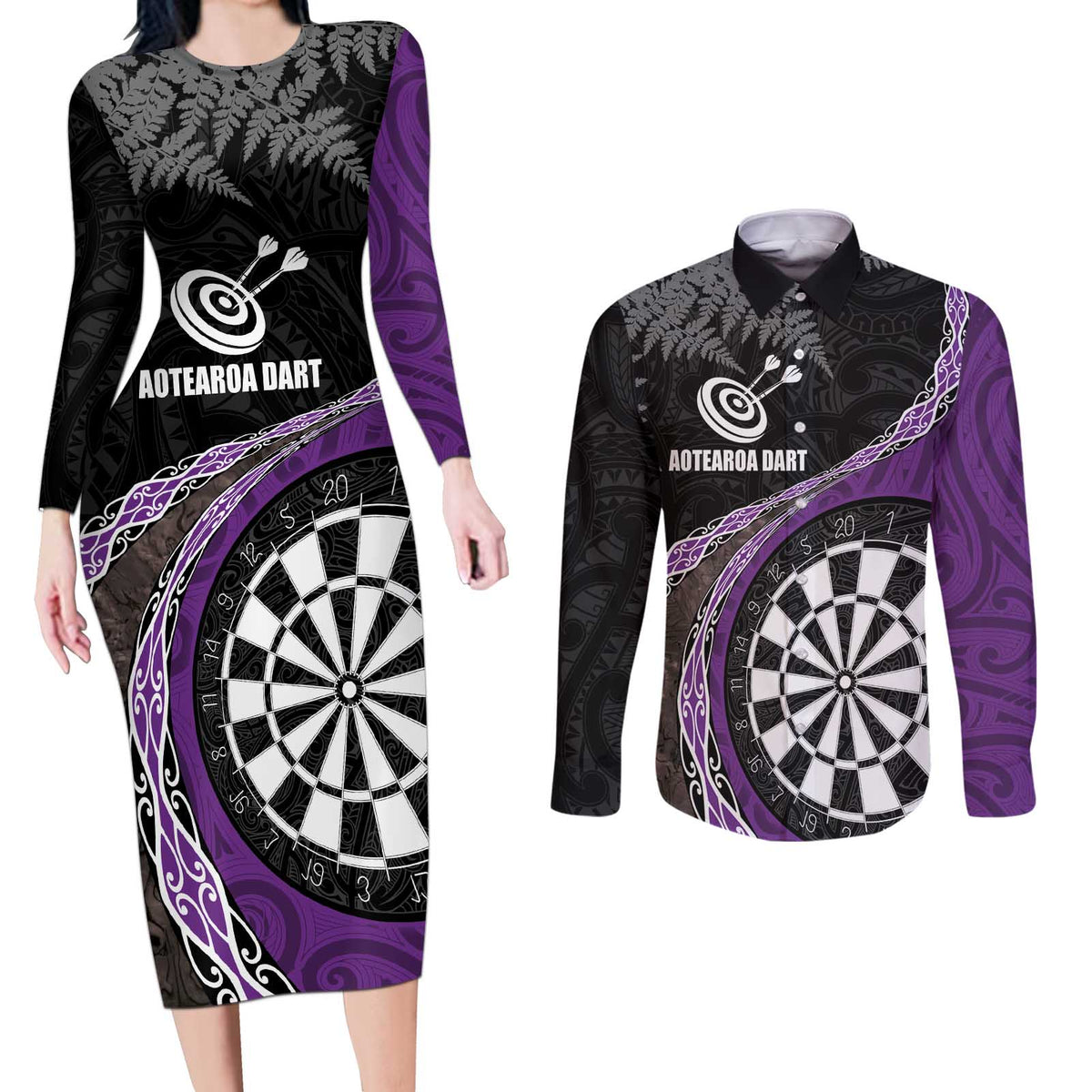 Personalised New Zealand Darts Couples Matching Long Sleeve Bodycon Dress and Long Sleeve Button Shirt Koru Tribal Tattoo and Silver Fern Maori Pattern Purple Color LT03 Purple - Polynesian Pride