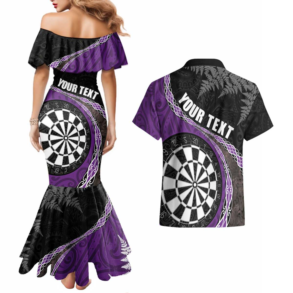 Personalised New Zealand Darts Couples Matching Mermaid Dress and Hawaiian Shirt Koru Tribal Tattoo and Silver Fern Maori Pattern Purple Color LT03 - Polynesian Pride