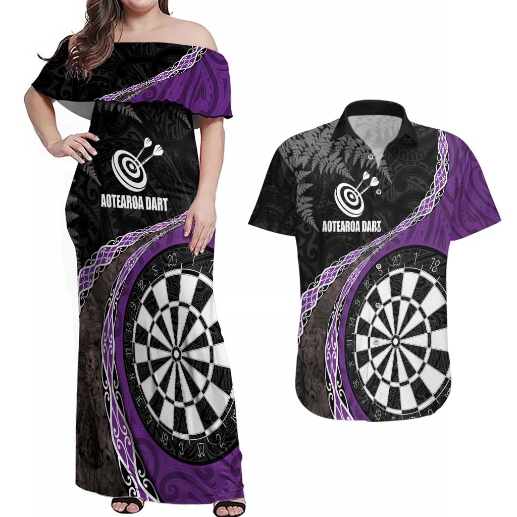 Personalised New Zealand Darts Couples Matching Off Shoulder Maxi Dress and Hawaiian Shirt Koru Tribal Tattoo and Silver Fern Maori Pattern Purple Color LT03 Purple - Polynesian Pride