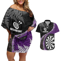 Personalised New Zealand Darts Couples Matching Off Shoulder Short Dress and Hawaiian Shirt Koru Tribal Tattoo and Silver Fern Maori Pattern Purple Color LT03 Purple - Polynesian Pride