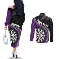Personalised New Zealand Darts Couples Matching Off The Shoulder Long Sleeve Dress and Long Sleeve Button Shirt Koru Tribal Tattoo and Silver Fern Maori Pattern Purple Color LT03 - Polynesian Pride