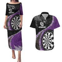 Personalised New Zealand Darts Couples Matching Puletasi and Hawaiian Shirt Koru Tribal Tattoo and Silver Fern Maori Pattern Purple Color LT03 Purple - Polynesian Pride