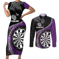 Personalised New Zealand Darts Couples Matching Short Sleeve Bodycon Dress and Long Sleeve Button Shirt Koru Tribal Tattoo and Silver Fern Maori Pattern Purple Color LT03 Purple - Polynesian Pride