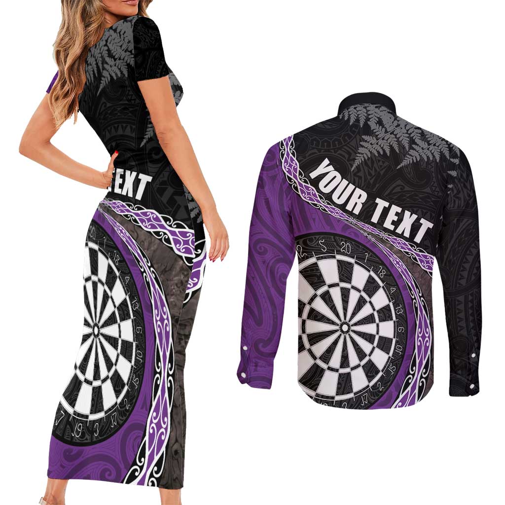 Personalised New Zealand Darts Couples Matching Short Sleeve Bodycon Dress and Long Sleeve Button Shirt Koru Tribal Tattoo and Silver Fern Maori Pattern Purple Color LT03 - Polynesian Pride