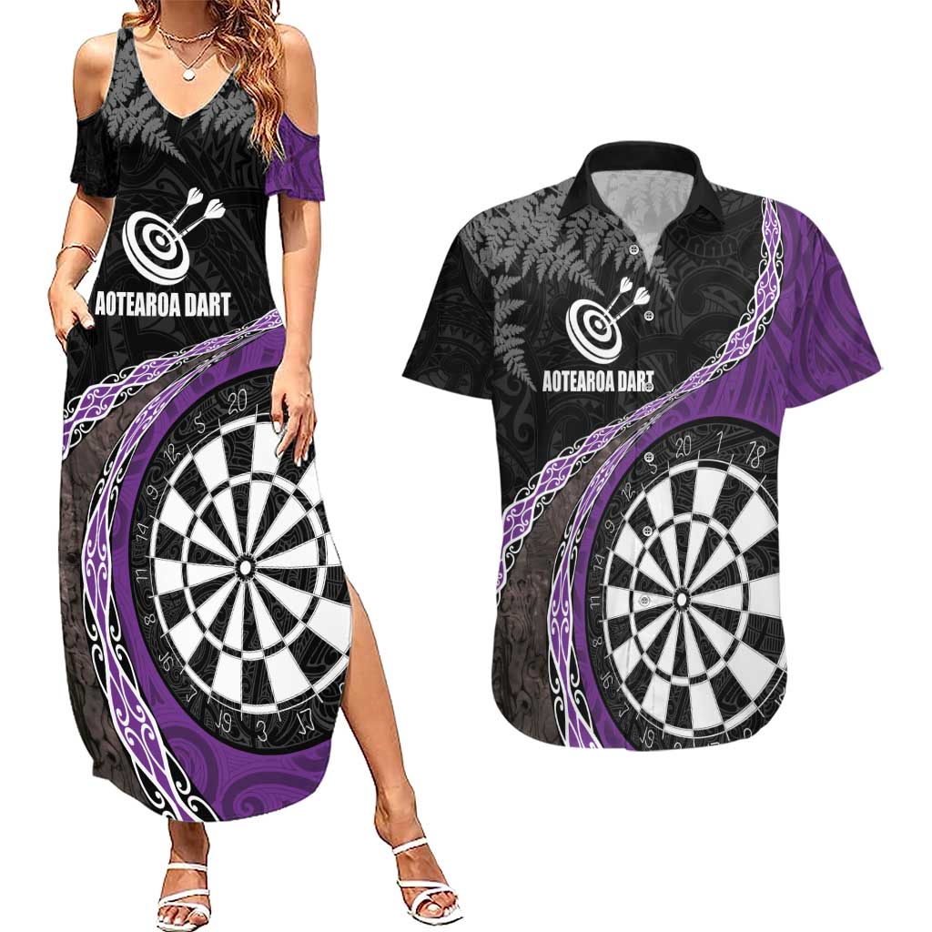 Personalised New Zealand Darts Couples Matching Summer Maxi Dress and Hawaiian Shirt Koru Tribal Tattoo and Silver Fern Maori Pattern Purple Color LT03 Purple - Polynesian Pride