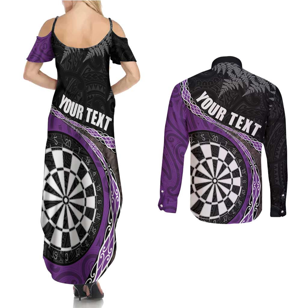 Personalised New Zealand Darts Couples Matching Summer Maxi Dress and Long Sleeve Button Shirt Koru Tribal Tattoo and Silver Fern Maori Pattern Purple Color LT03 - Polynesian Pride