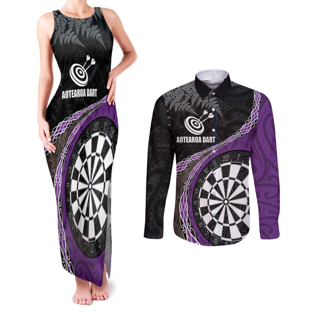 Personalised New Zealand Darts Couples Matching Tank Maxi Dress and Long Sleeve Button Shirt Koru Tribal Tattoo and Silver Fern Maori Pattern Purple Color LT03 Purple - Polynesian Pride