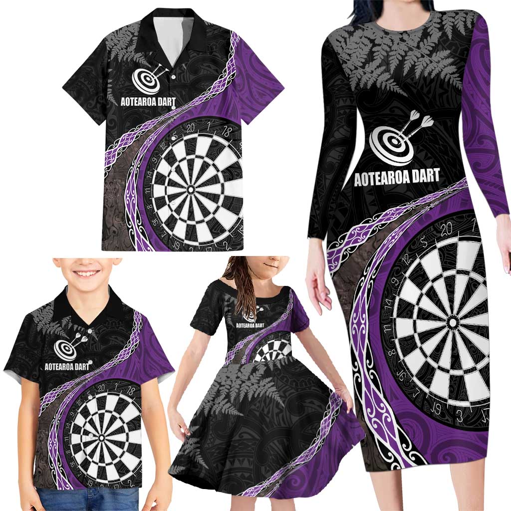 Personalised New Zealand Darts Family Matching Long Sleeve Bodycon Dress and Hawaiian Shirt Koru Tribal Tattoo and Silver Fern Maori Pattern Purple Color LT03 - Polynesian Pride