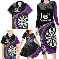 Personalised New Zealand Darts Family Matching Long Sleeve Bodycon Dress and Hawaiian Shirt Koru Tribal Tattoo and Silver Fern Maori Pattern Purple Color LT03 - Polynesian Pride