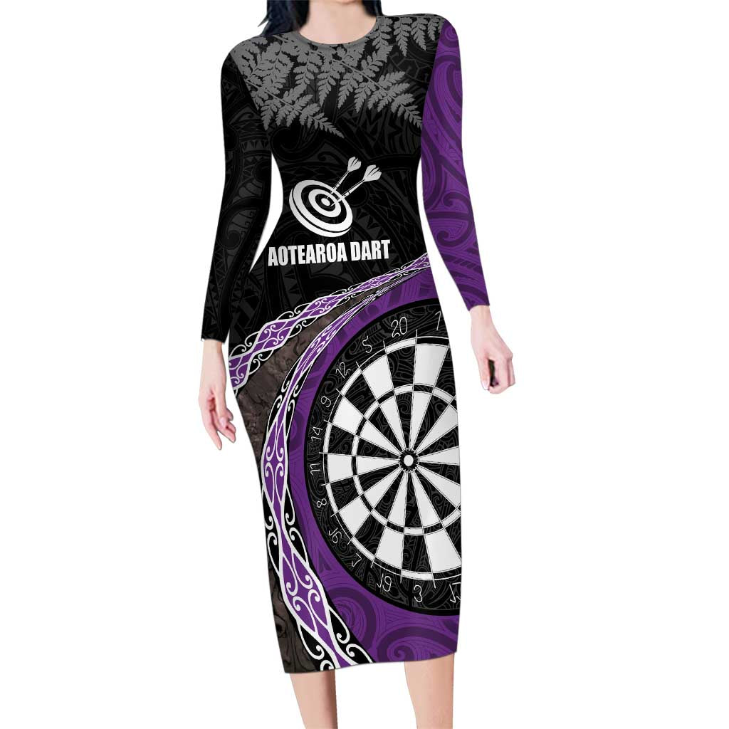 Personalised New Zealand Darts Family Matching Long Sleeve Bodycon Dress and Hawaiian Shirt Koru Tribal Tattoo and Silver Fern Maori Pattern Purple Color LT03 Mom's Dress Purple - Polynesian Pride