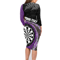 Personalised New Zealand Darts Family Matching Long Sleeve Bodycon Dress and Hawaiian Shirt Koru Tribal Tattoo and Silver Fern Maori Pattern Purple Color LT03 - Polynesian Pride