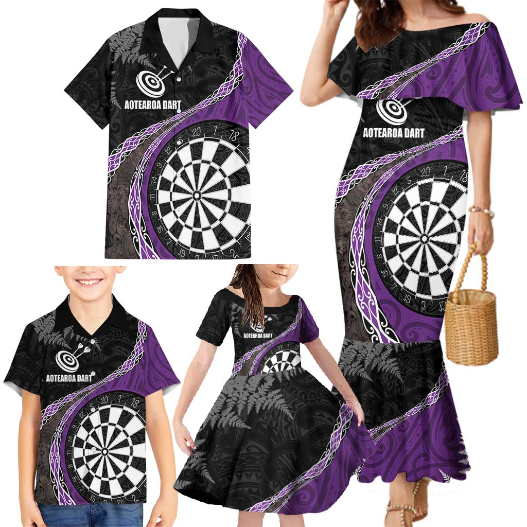 Personalised New Zealand Darts Family Matching Mermaid Dress and Hawaiian Shirt Koru Tribal Tattoo and Silver Fern Maori Pattern Purple Color LT03 - Polynesian Pride