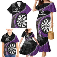 Personalised New Zealand Darts Family Matching Mermaid Dress and Hawaiian Shirt Koru Tribal Tattoo and Silver Fern Maori Pattern Purple Color LT03 - Polynesian Pride