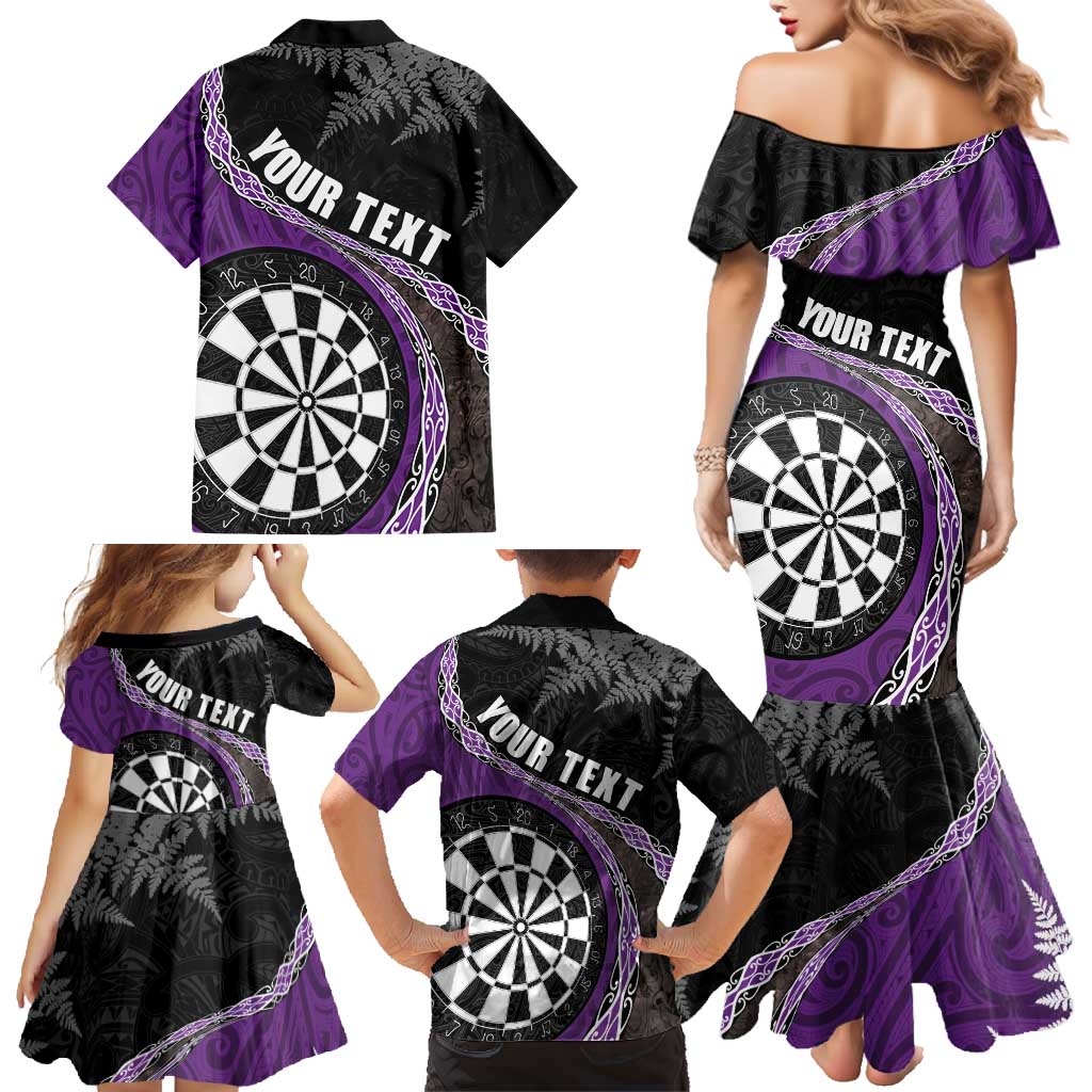 Personalised New Zealand Darts Family Matching Mermaid Dress and Hawaiian Shirt Koru Tribal Tattoo and Silver Fern Maori Pattern Purple Color LT03 - Polynesian Pride