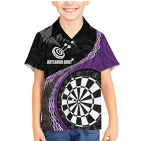 Personalised New Zealand Darts Family Matching Mermaid Dress and Hawaiian Shirt Koru Tribal Tattoo and Silver Fern Maori Pattern Purple Color LT03 Son's Shirt Purple - Polynesian Pride