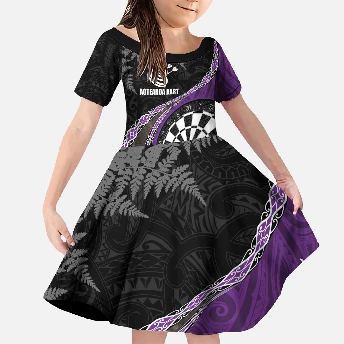 Personalised New Zealand Darts Family Matching Off The Shoulder Long Sleeve Dress and Hawaiian Shirt Koru Tribal Tattoo and Silver Fern Maori Pattern Purple Color LT03 Daughter's Dress Purple - Polynesian Pride