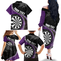 Personalised New Zealand Darts Family Matching Off The Shoulder Long Sleeve Dress and Hawaiian Shirt Koru Tribal Tattoo and Silver Fern Maori Pattern Purple Color LT03 - Polynesian Pride