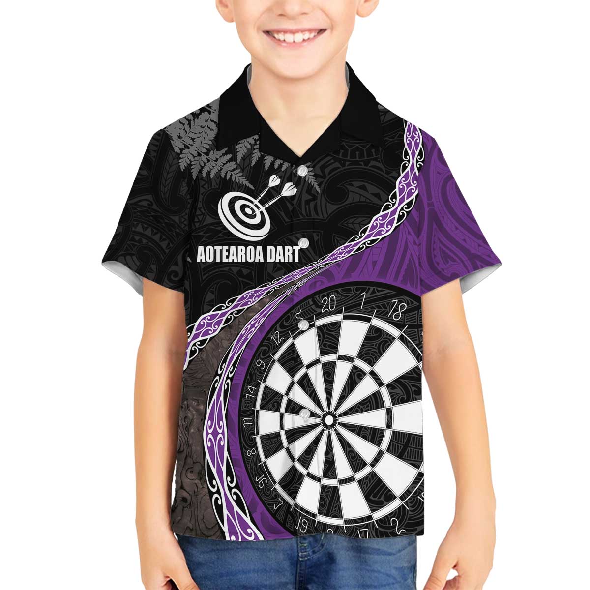 Personalised New Zealand Darts Family Matching Off The Shoulder Long Sleeve Dress and Hawaiian Shirt Koru Tribal Tattoo and Silver Fern Maori Pattern Purple Color LT03 Son's Shirt Purple - Polynesian Pride