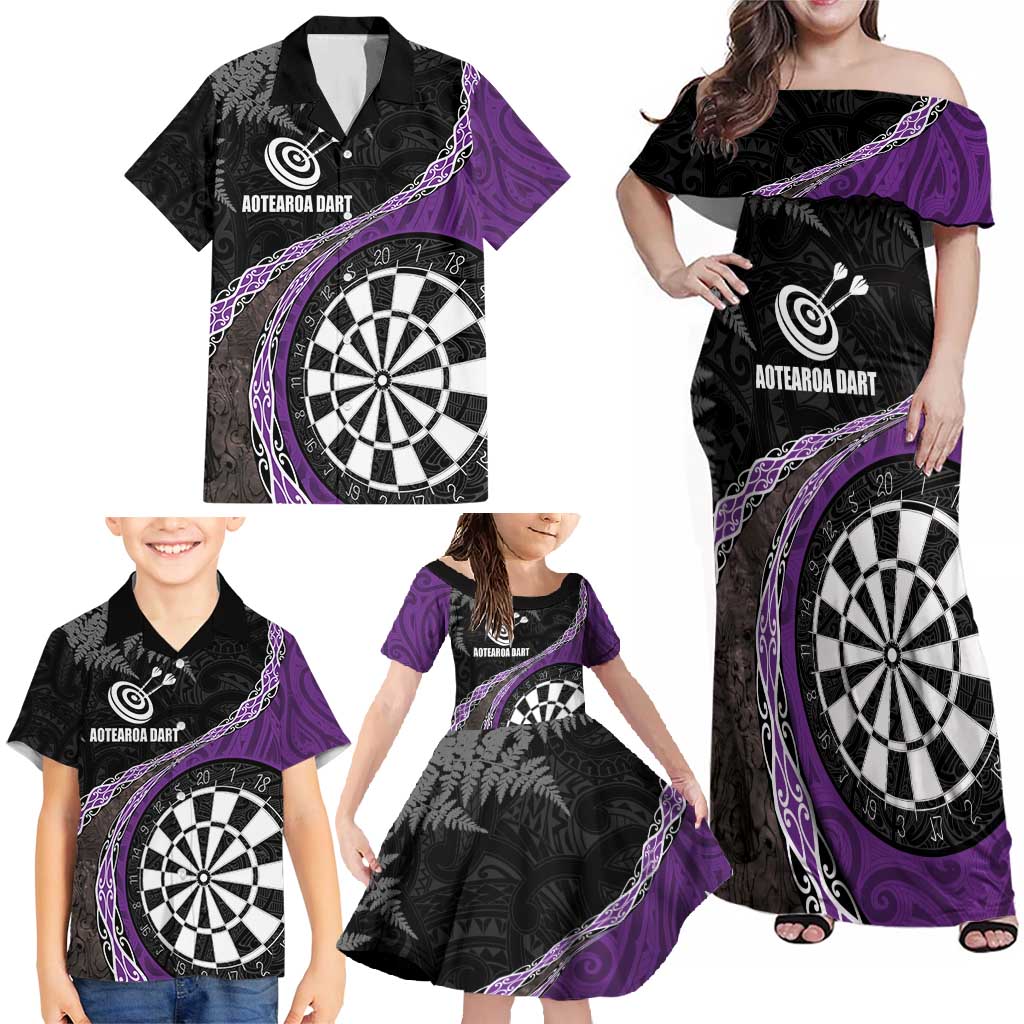 Personalised New Zealand Darts Family Matching Off Shoulder Maxi Dress and Hawaiian Shirt Koru Tribal Tattoo and Silver Fern Maori Pattern Purple Color LT03 - Polynesian Pride