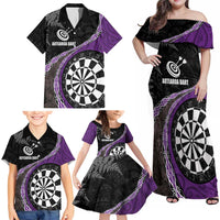 Personalised New Zealand Darts Family Matching Off Shoulder Maxi Dress and Hawaiian Shirt Koru Tribal Tattoo and Silver Fern Maori Pattern Purple Color LT03 - Polynesian Pride
