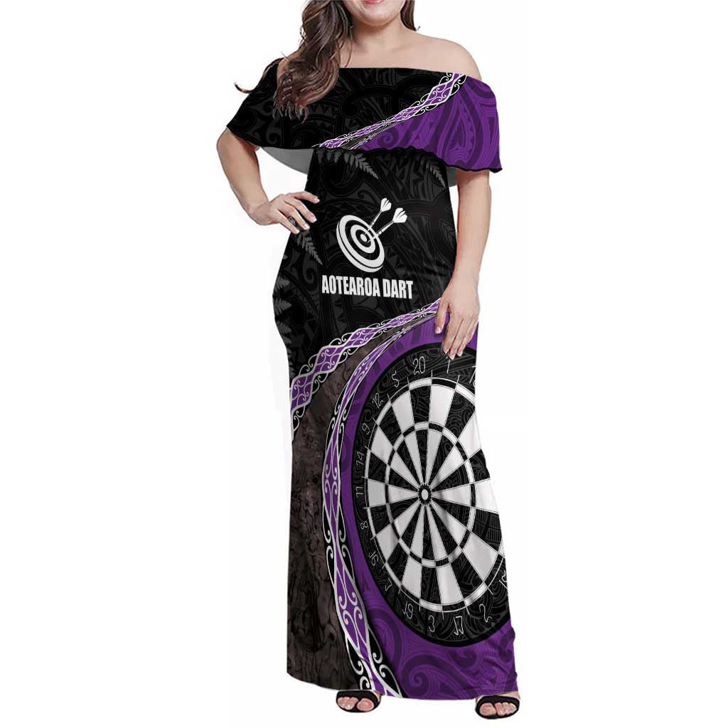 Personalised New Zealand Darts Family Matching Off Shoulder Maxi Dress and Hawaiian Shirt Koru Tribal Tattoo and Silver Fern Maori Pattern Purple Color LT03 Mom's Dress Purple - Polynesian Pride