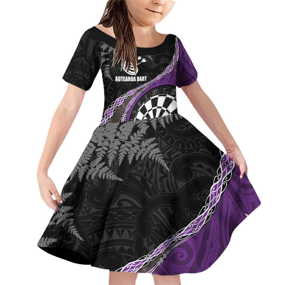 Personalised New Zealand Darts Family Matching Off Shoulder Short Dress and Hawaiian Shirt Koru Tribal Tattoo and Silver Fern Maori Pattern Purple Color LT03 Daughter's Dress Purple - Polynesian Pride