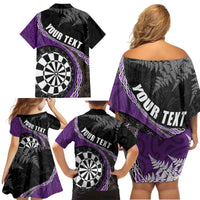 Personalised New Zealand Darts Family Matching Off Shoulder Short Dress and Hawaiian Shirt Koru Tribal Tattoo and Silver Fern Maori Pattern Purple Color LT03 - Polynesian Pride
