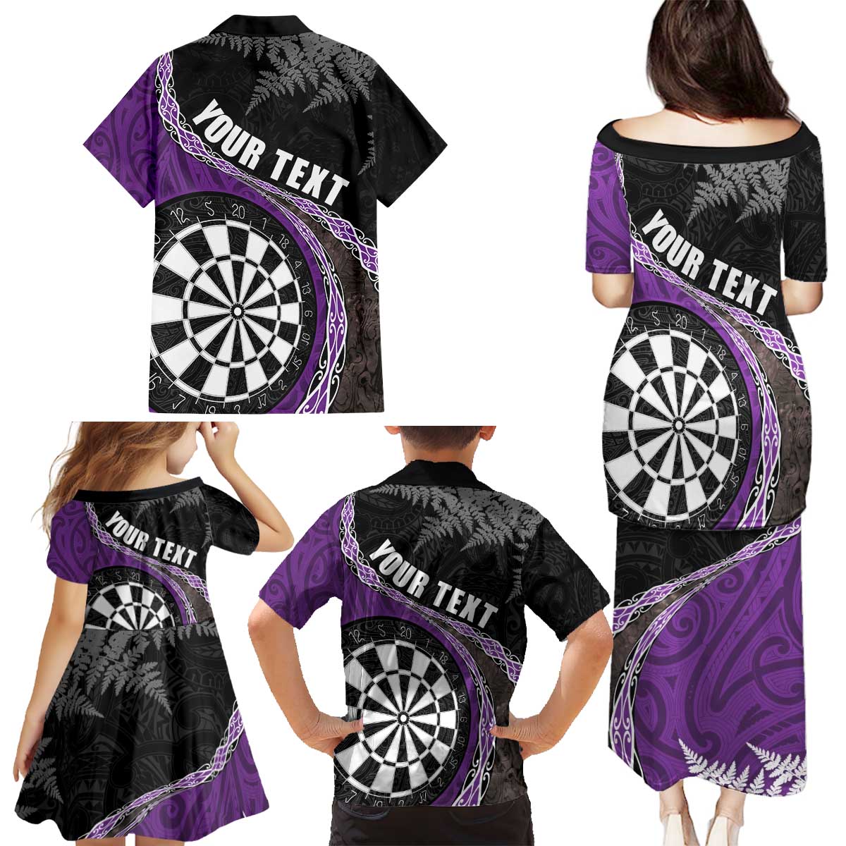 Personalised New Zealand Darts Family Matching Puletasi and Hawaiian Shirt Koru Tribal Tattoo and Silver Fern Maori Pattern Purple Color LT03 - Polynesian Pride