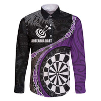 Personalised New Zealand Darts Family Matching Puletasi and Hawaiian Shirt Koru Tribal Tattoo and Silver Fern Maori Pattern Purple Color LT03 Dad's Shirt - Long Sleeve Purple - Polynesian Pride