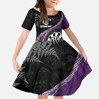 Personalised New Zealand Darts Family Matching Short Sleeve Bodycon Dress and Hawaiian Shirt Koru Tribal Tattoo and Silver Fern Maori Pattern Purple Color LT03 Daughter's Dress Purple - Polynesian Pride